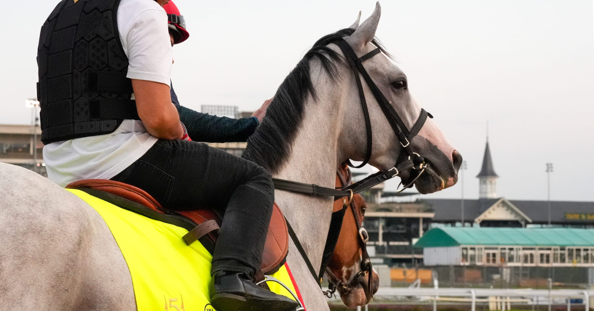 Sandman prepares for the Kentucky Derby at Churchill Downs, via © Michael Clevenger/Courier Journal / USA TODAY NETWORK via Imagn Images