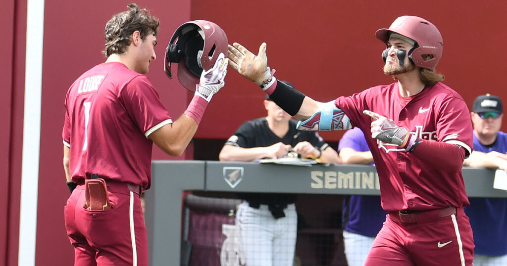 FSU's Alex Lodise (left) and Gage Harrelson celebrate a home run earlier this season. (Gene Williams/Warchant)