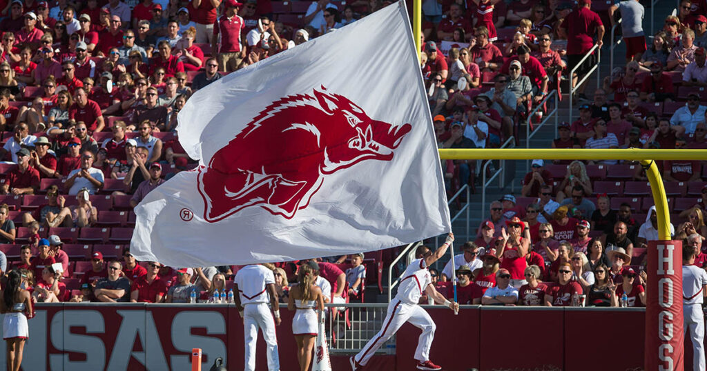 Arkansas Razorbacks logo on a flag