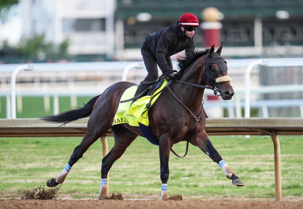 2025 Kentucky Derby potential horse Baeza works Monday morning April 28, 2025 at Churchill Downs in Louisville, Kentucky. Trainer is John Shirreffs.