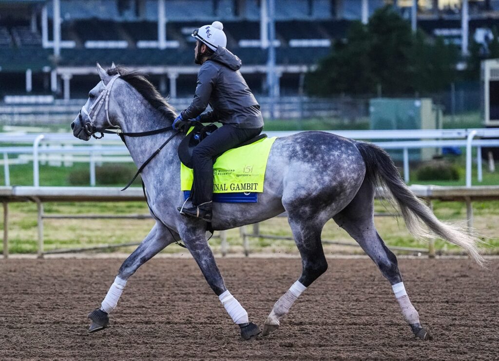 Kentucky Derby 151 contender Final Gambit takes to the track for a workout at Churchill Downs in Louisville, Kentucky on Monday, April 21, 2025. Trainer is Brad Cox. Jockey slated to ride is Luan Machado, his first Kentucky Derby. Horse has earned $520,639 in four starts; winning the Grade 3 Jeff Ruby Steaks on March 22 by 3 1/2 lengths over Flying Mohawk.
