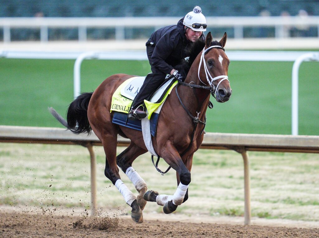 Kentucky Derby 2025 favorite Journalism trains with rider Marc Witkowski at Churchill Downs in Louisville, Kentucky Thursday morning April 24, 2025. Michael McCarthy is the trainer. Journalism has won the past four starts.