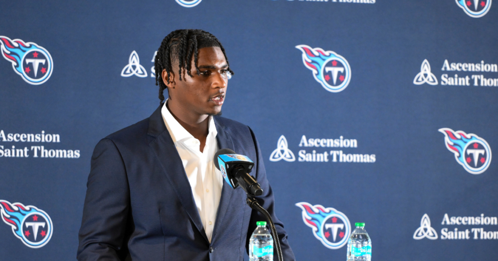 Apr 25, 2025; Nashville, TN, USA; Tennessee Titans first round draft pick Cameron Ward speaks to the media at a press conference. Cam Ward was the number one overall pick in the 2025 NFL Draft.Mandatory Credit: Steve Roberts-Imagn Images