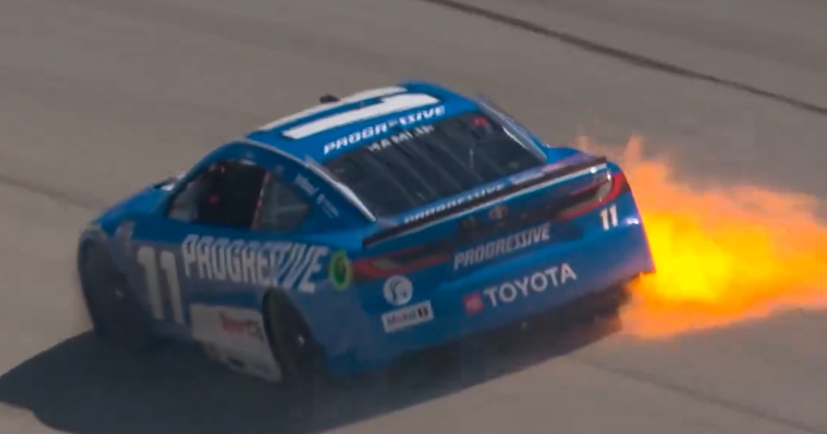 WATCH: Denny Hamlin’s car bursts into flames at Texas Motor Speedway