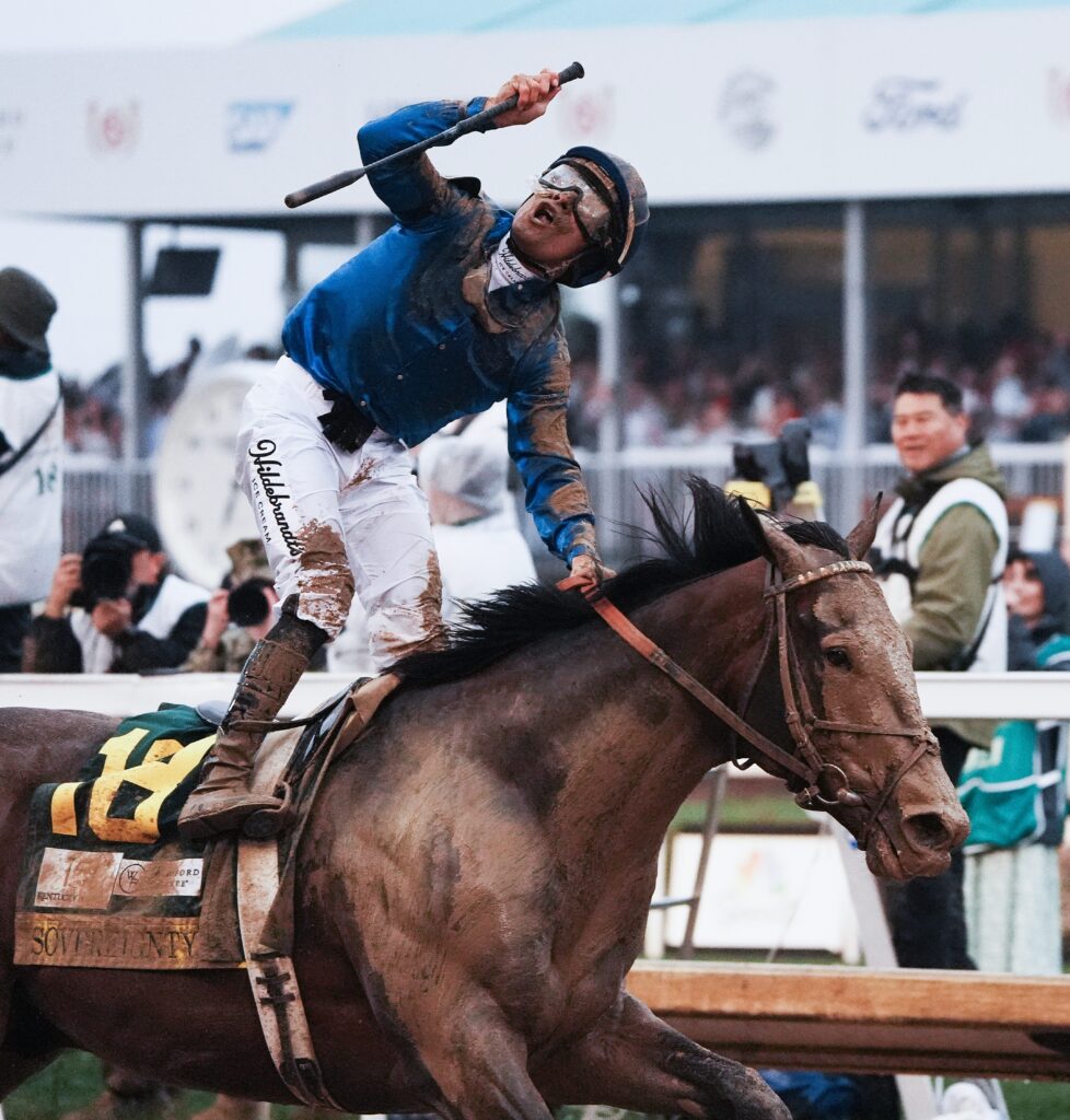 Jockey Junior Alvarado rode Sovereignty to victory during the Kentucky Derby at Churchill Downs in Louisville, Ky. on May 3, 2025, via Sam Upshaw Jr./Courier Journal / USA TODAY NETWORK via Imagn Images