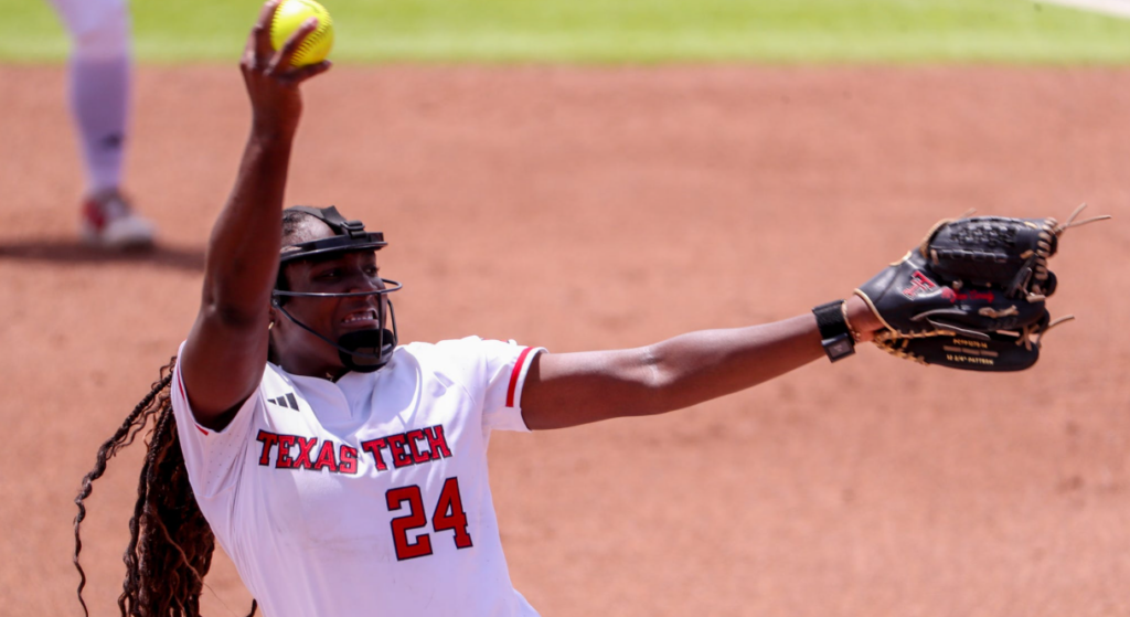 Texas Tech's NiJaree Canady pitches against Mississippi State during a game in the Lubbock Regional of the 2025 NCAA softball tournament, Saturday, May 17, 2025, at Rocky Johnson Field (Nathan Giese/Avalanche-Journal / USA TODAY NETWORK via Imagn Images)
