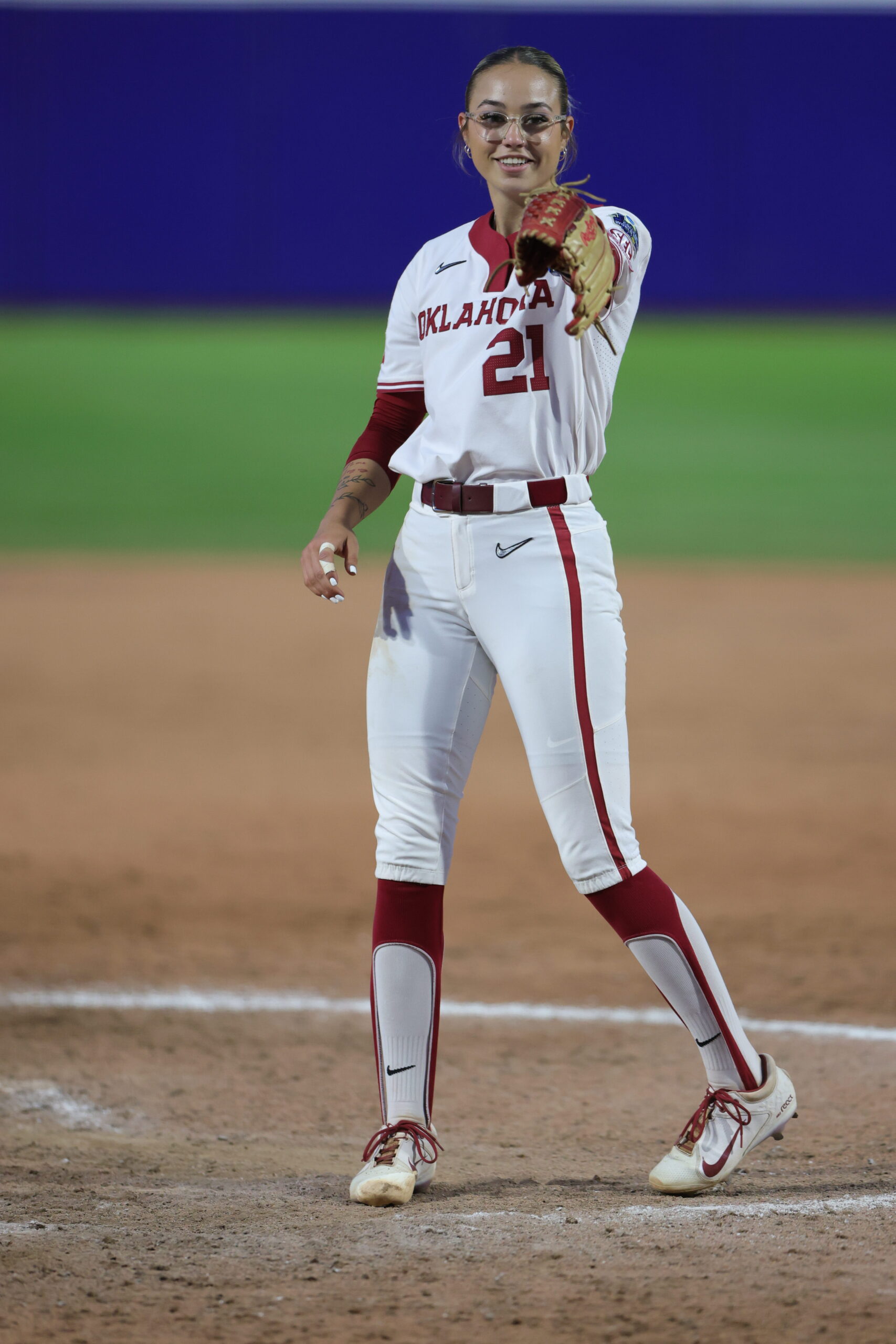 Sam Landry celebrates a strikeout at WCWS