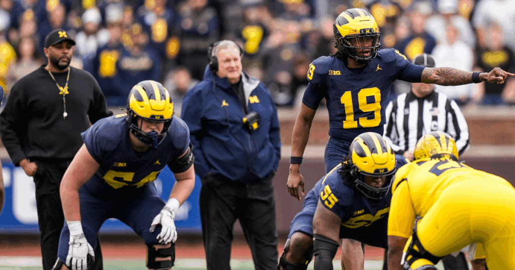 Michigan Wolverines football quarterback Bryce Underwood was protected by right tackle Andrew Sprague and right guard Nathan Efobi during the 2025 spring game. (Photo by Junfu Han / USA TODAY NETWORK via Imagn Images)