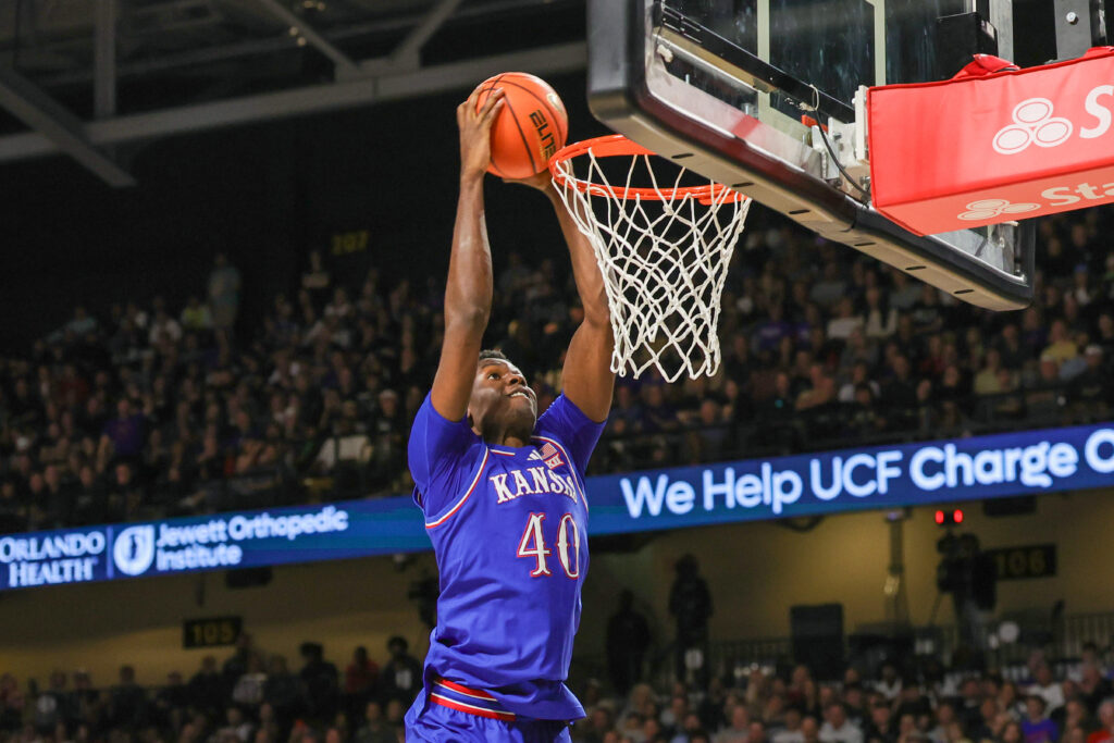 Kansas Jayhawks forward Flory Bidunga (40) dunks during the second half against the UCF Knights at Addition Financial Arena. Mandatory Credit: Mike Watters-Imagn Images