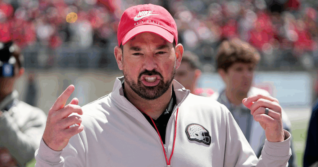 Ohio State Buckeye head coach Ryan Day addresses his team after the spring game at Ohio Stadium on April 12, 2025.