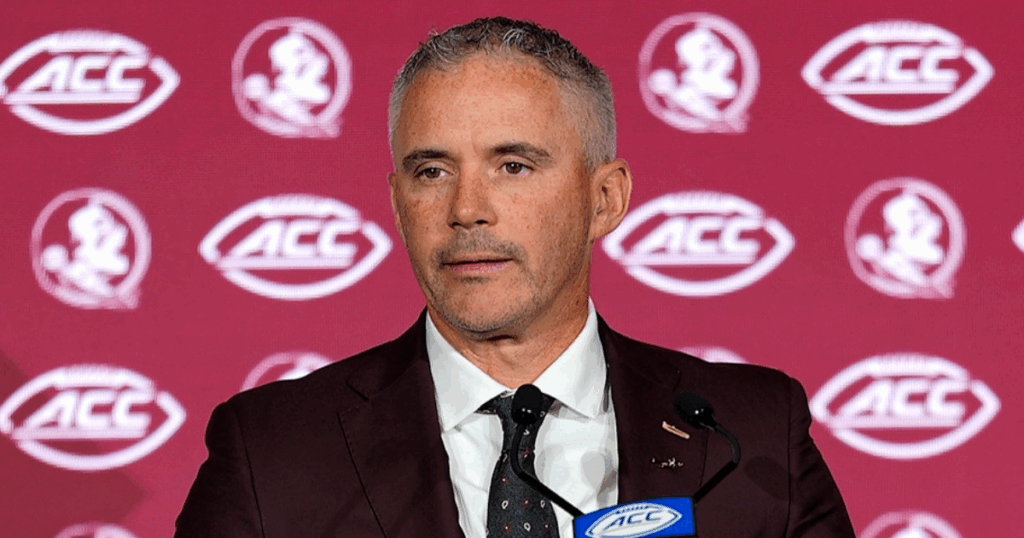 Jul 23, 2025; Charlotte, NC, USA; Florida State head coach Mike Norvell answers questions from the media during ACC Media days at Hilton Charlotte Uptown.