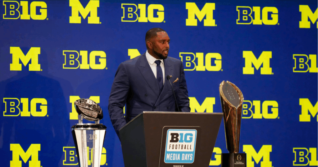 Michigan Wolverines football head coach Sherrone Moore at 2025 Big Ten Media Days. (Photo by Lucas Peltier-Imagn Images)