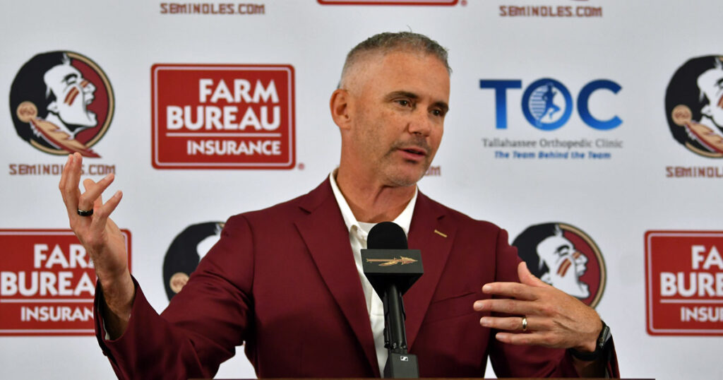 Florida State head coach Mike Norvell assesses offseason workouts (Gene Williams/Warchant.com)