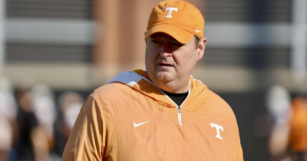 Tennessee Head Coach Josh Heupel looks on during defensive back drill