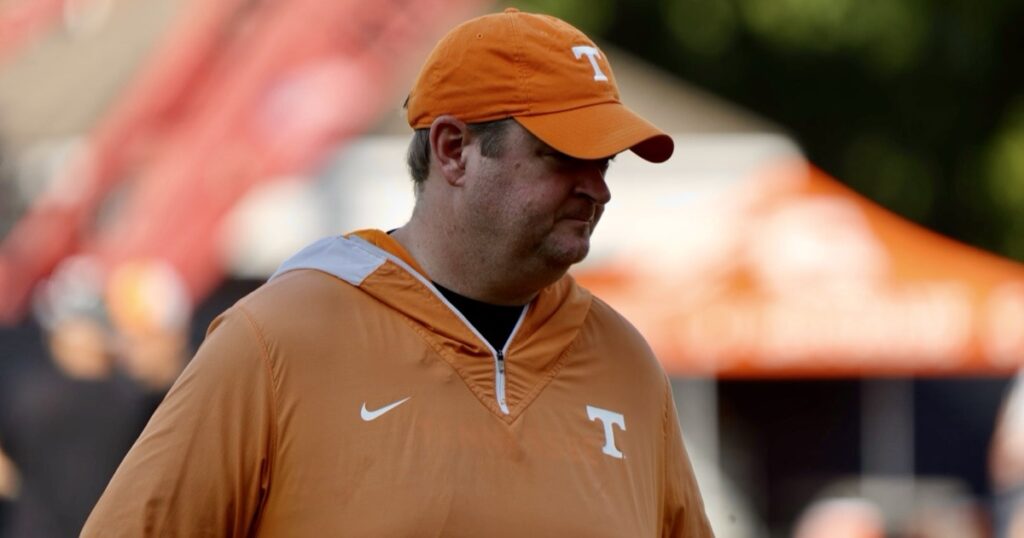 Tennessee Head Coach Josh Heupel looks on during defensive back drill
