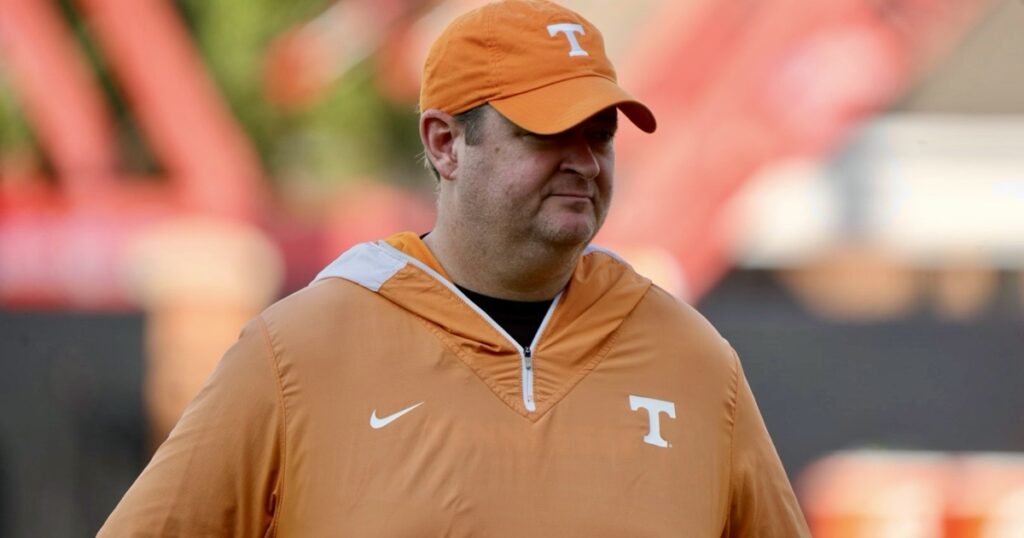 Tennessee Head Coach Josh Heupel looks on during defensive back drill