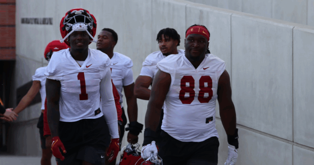 USC defensive linemen Kameryn Fountain, Jahkeem Stewart, Devan Thompkins and Floyd Boucard
