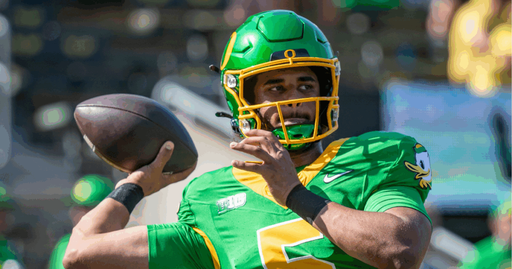 Oregon Ducks quarterback Dante Moore throws out a pass during warm ups as the Oregon Ducks host the Idaho Vandals Saturday, Aug. 31, 2024 at Autzen Stadium in Eugene, Ore.