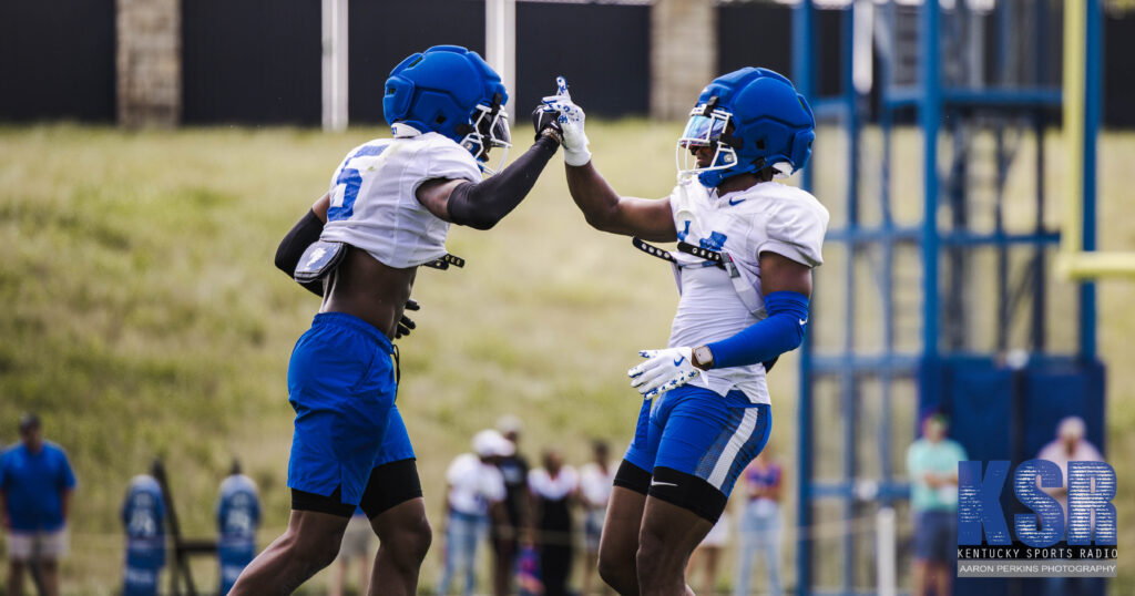 DJ Waller and Ty Bryant celebrate at Kentucky Football Fan Day, via Aaron Perkins, KSR