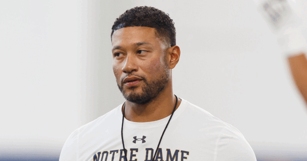 Notre Dame head coach Marcus Freeman during a football practice at Irish Athletic Center on Thursday, July 31, 2025, in South Bend.