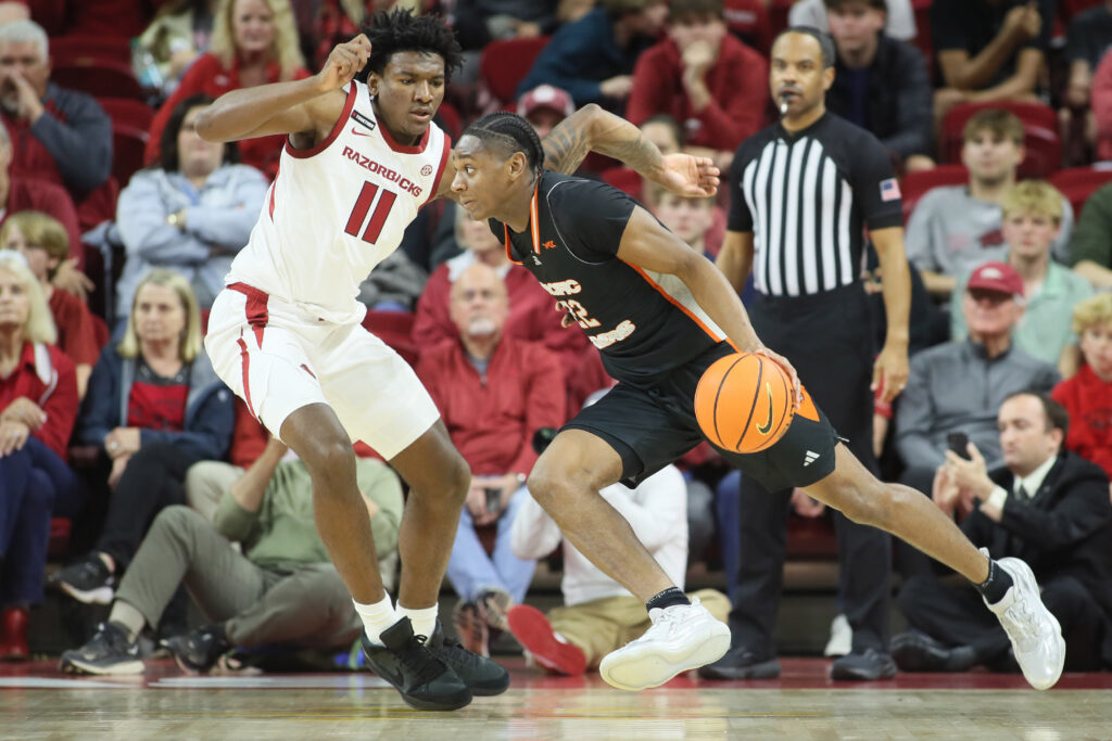 Nov 18, 2024; Fayetteville, Arkansas, USA; Arkansas Razorbacks forward Karter Knox (11) defends against Pacific Tigers guard Elijah Fisher (22) during the second half at Bud Walton Arena. Arkansas won 91-72. Mandatory Credit: Nelson Chenault-Imagn Images