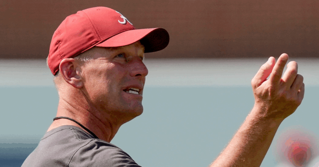July 31, 2025; Tuscaloosa, AL, USA; Head coach Kalen Deboer gives directions during the second practice session of the preseason for the Alabama Crimson Tide.