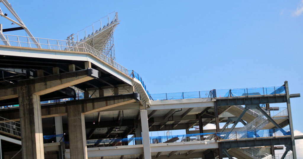 The new steps and walkway that will take Penn state fans to the new temporary bleachers at Beaver Stadium.