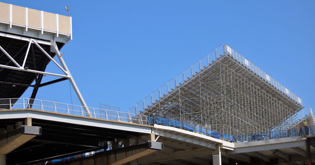 Temporary bleachers and the walkway leading to them at Beaver Stadium on Aug. 12. (Pickel/BWI)