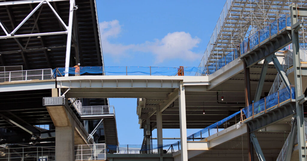 A walkway bridge between the old ramp and new ramp for the temporary bleachers at Beaver Stadium. (Pickel/BWI)