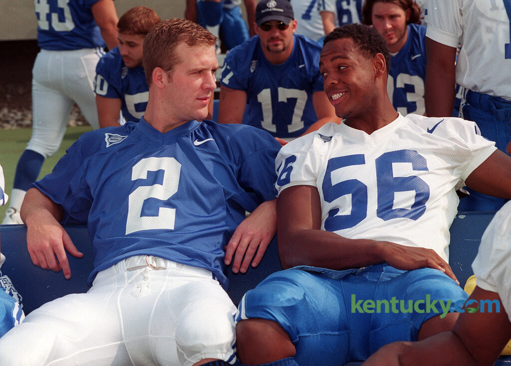 University of Kentucky quarterback Tim Couch, left, talks with incoming freshman Dennis Johnson during the Wildcats' Football Media Day Aug. 13, 1998, at Commonwealth Stadium in Lexington - Photo by David Stephenson, Courtesy of the Lexington Herald-Leader