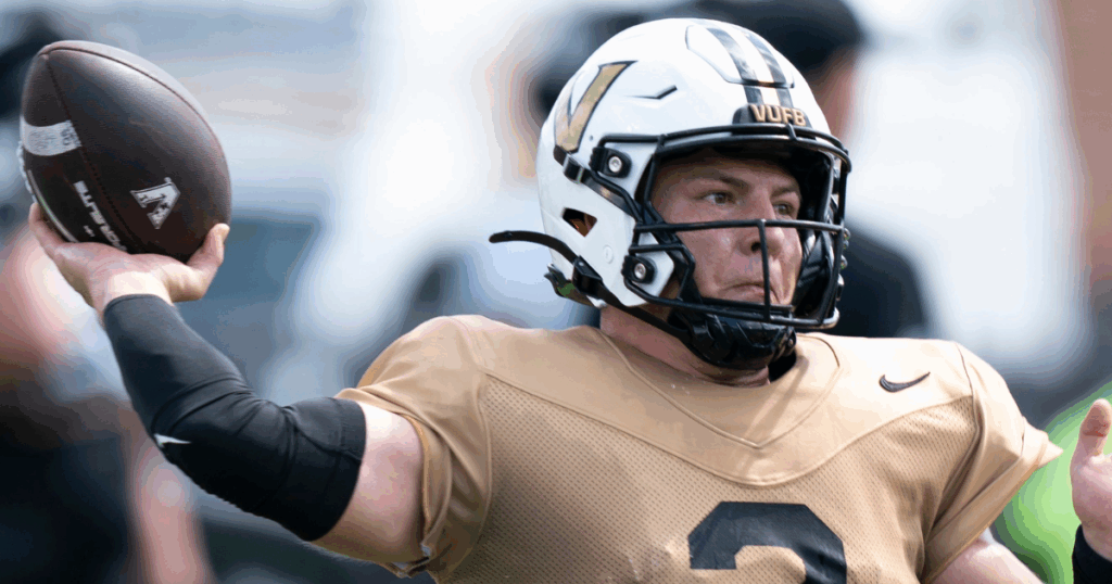Vanderbilt quarterback Diego Pavia (2) throws during practice at Vanderbilt University in Nashville, Tenn., Thursday, Aug. 21, 2025.
