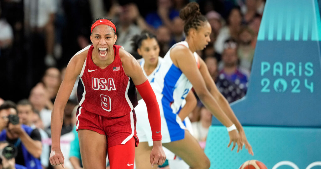 United States forward A'Ja Wilson (9) reacts in the second half against France in the women's gold medal game during the Paris 2024 Olympic Summer Games at Accor Arena. Mandatory Credit: Kyle Terada-Imagn Images