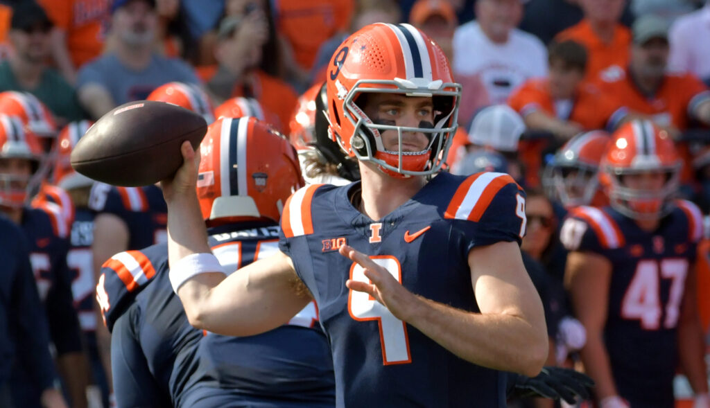 Oct 12, 2024; Champaign, Illinois, USA; Illinois Fighting Illini quarterback Luke Altmyer (9) passes the ball in the first half against the Purdue Boilermakers at Memorial Stadium. Mandatory Credit: Ron Johnson-Imagn Images
