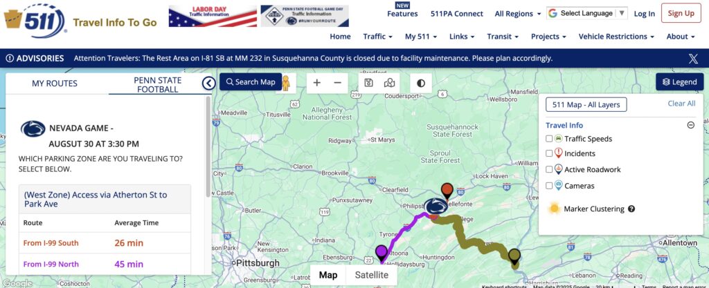 PennDot's 511PA Penn State football real-time traffic updates page.