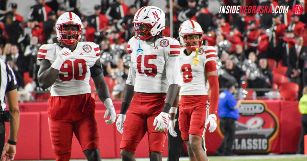 Nebraska DT Jaylen George, JACK linebacker Dasan McCullough and SAF DeShon Singleton