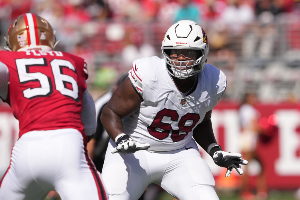 Arizona Cardinals offensive tackle Kelvin Beachum (68) blocks against San Francisco 49ers defensive end Leonard Floyd (56) during the second quarter at Levi's Stadium.