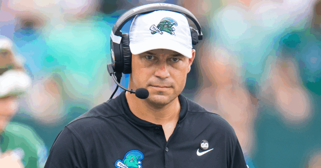 Aug 30, 2025; New Orleans, Louisiana, USA; Tulane Green Wave head coach Jon Sumrall looks on against Northwestern Wildcats during the first half at Yulman Stadium.