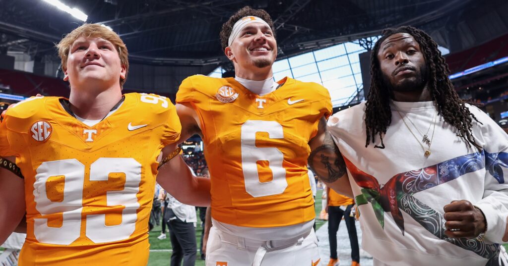 Aug 30, 2025; Atlanta, Georgia, USA; Tennessee Volunteers quarterback Joey Aguilar (6) celebrates after a victory against the Syracuse Orange at Mercedes-Benz Stadium. Mandatory Credit: Brett Davis-Imagn Images