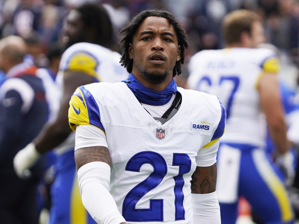 Sep 29, 2024; Chicago, Illinois, USA; Los Angeles Rams cornerback Charles Woods (21) in a game against the Chicago Bears at Soldier Field. Mandatory Credit: David Banks-Imagn Images