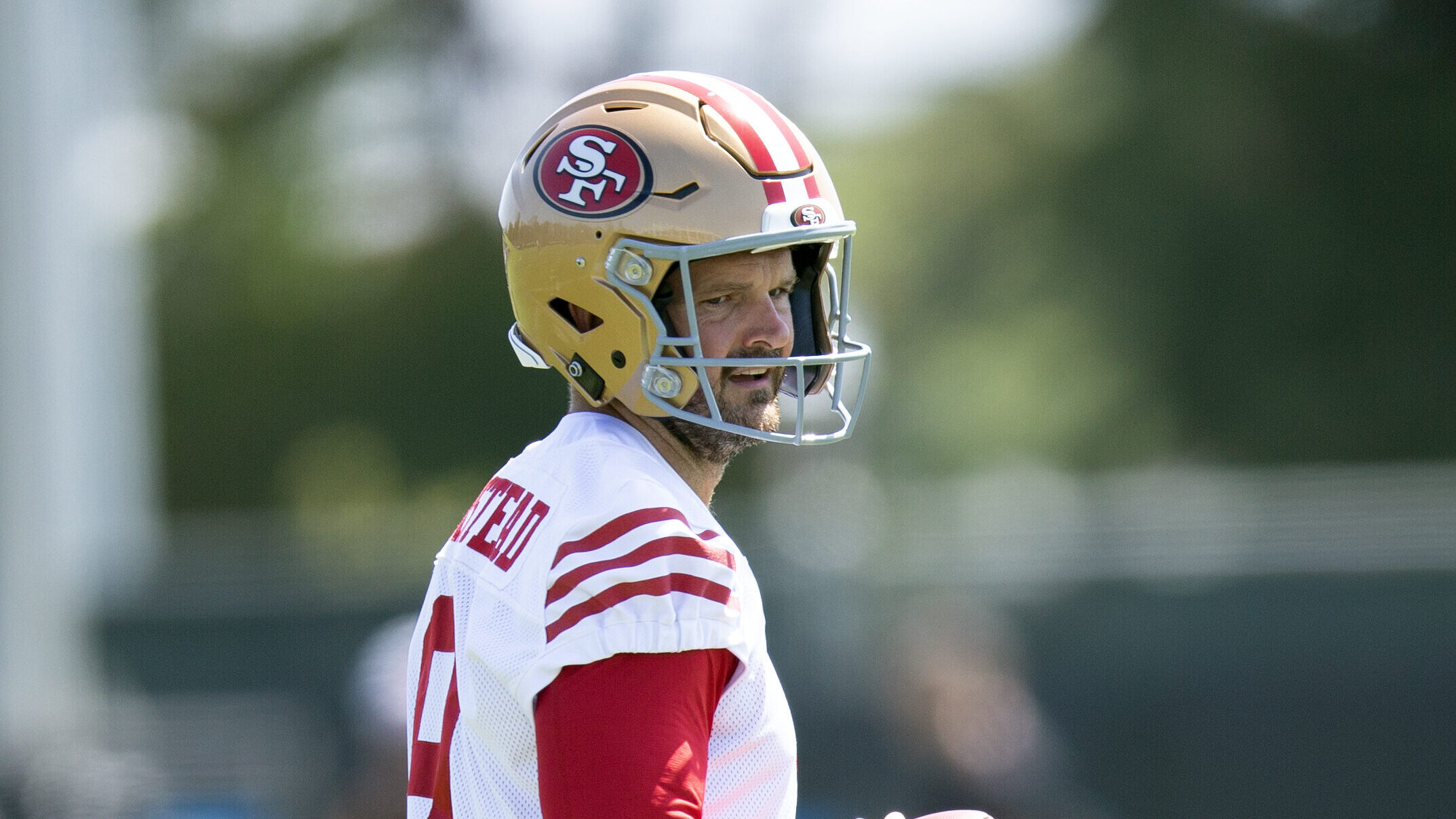 Jun 11, 2025; Santa Clara, CA, USA; San Francisco 49ers punter Thomas Morstead (9) awaits his next drill during a team OTA at Levi's Stadium. Mandatory Credit: D. Ross Cameron-Imagn Images