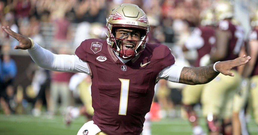 Florida State Seminoles quarterback Tommy Castellanos (1) celebrates after a touchdown against the Alabama Crimson Tide during the second half at Doak S. Campbell Stadium. (Melina Myers-Imagn Images)