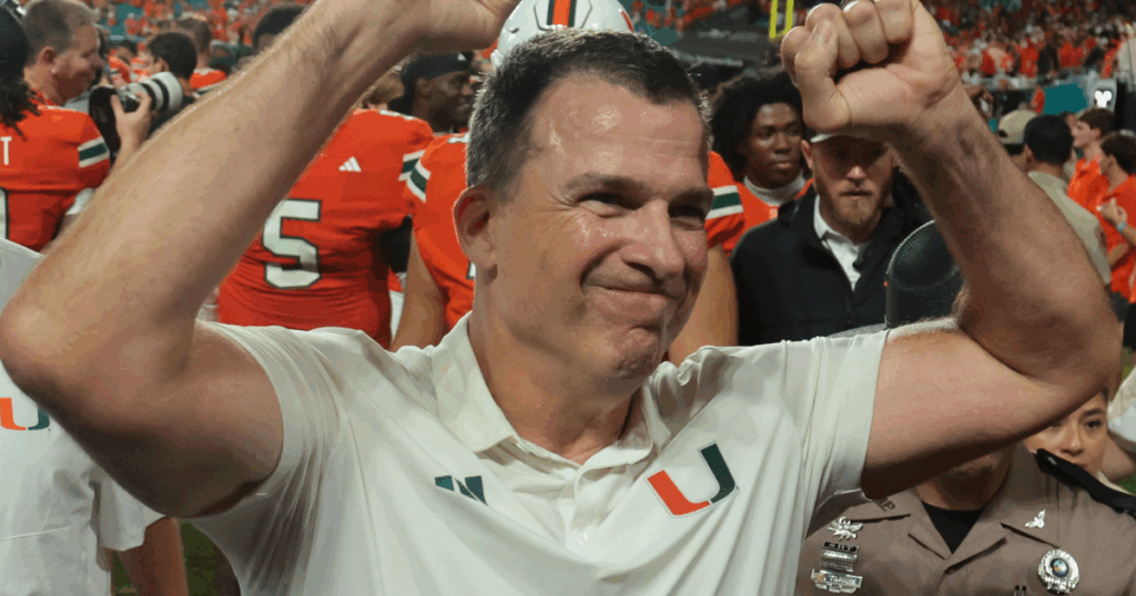 Aug 31, 2025; Miami Gardens, Florida, USA; Miami Hurricanes head coach Mario Cristobal reacts after defeating the Notre Dame Fighting Irish at Hard Rock Stadium.