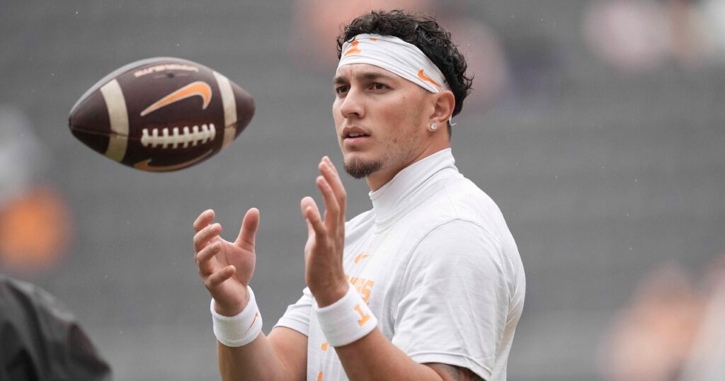 Caitie McMekin/News Sentinel / USA TODAY NETWORK via Imagn Images | Tennessee quarterback Joey Aguilar (6) warms up before a college football game between Tennessee and ETSU at Neyland Stadium in Knoxville, Tennessee, on August 30, 2025.
