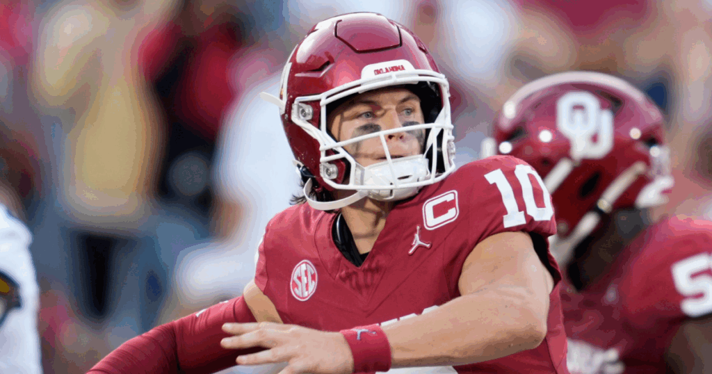 Oklahoma Sooners quarterback John Mateer (10) throws a pass during a college football game between the University of Oklahoma Sooners (OU) and the University of Michigan Wolverines at Gaylord Family Ð Oklahoma Memorial Stadium in Norman, Okla., Saturday, Sept. 6, 2025.
