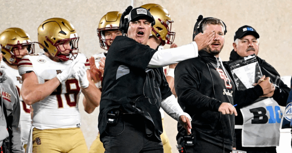 Eagles head coach Bill O'Brien yells for a first down after Michigan State's Jordan Hall hit Boston College's quarterback late on a play during the second quarter on Saturday, Sept. 6, 2025. - Nick King, USA TODAY Sports