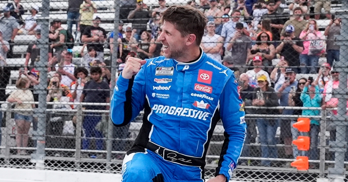Denny Hamlin walks out to 'Law & Order' theme music at Bristol, introduces himself as 'Him' to boos