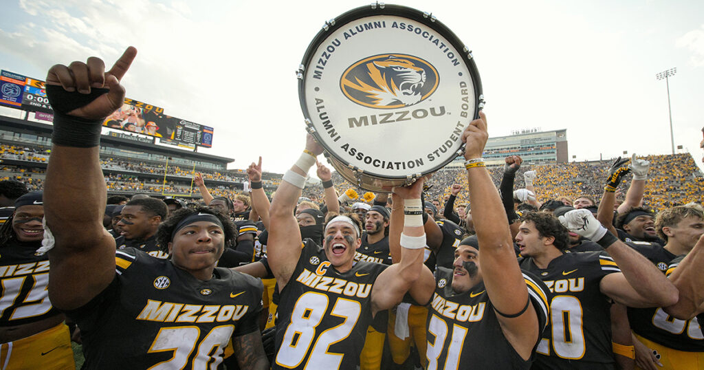 Missouri celebrates beating Kansas at the 2025 Border War