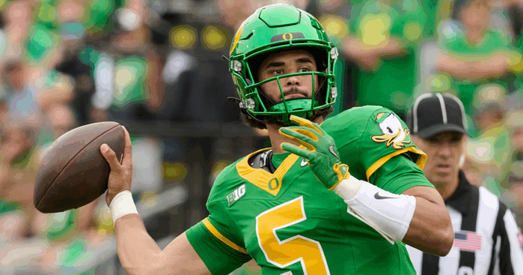 Sep 6, 2025; Eugene, Oregon, USA; Oregon Ducks quarterback Dante Moore (5) throws a pass during the first half against the Oklahoma State Cowboys at Autzen Stadium.