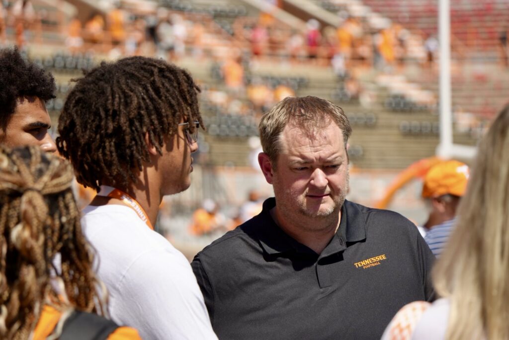 Josh Heupel spends time with Brayden Rouse in pre-game