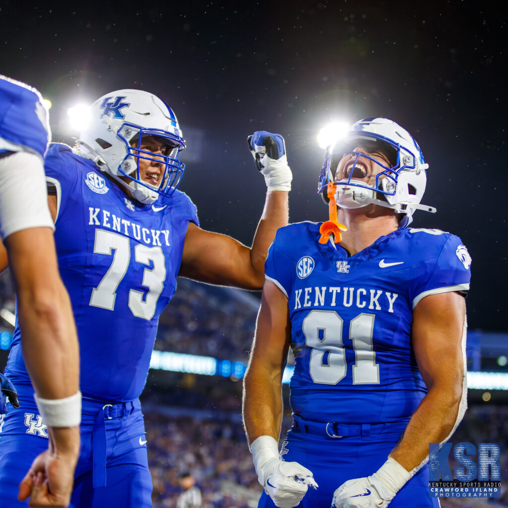 Shiyazh Pete (73) and Willie Rodriguez (81). UK Football vs. Eastern Michigan at Kroger Field on Saturday, September 13, 2025 in Lexington, Kentucky. Photo by Crawford Ifland, Kentucky Sports Radio.